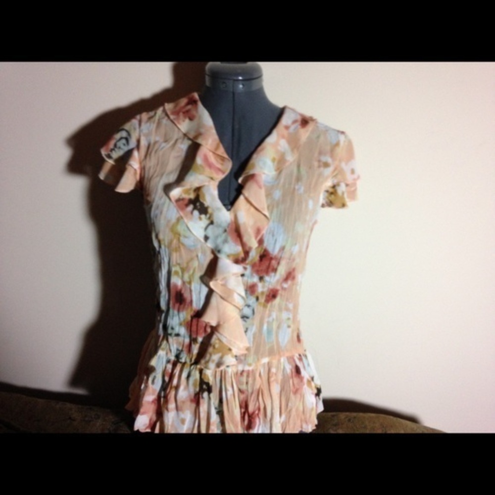 Frilly peach foliage floral sheer blouse